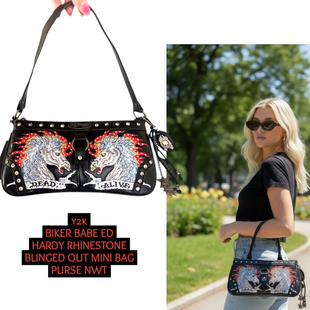 Y2K BLACK MINI ED HARDY RHINESTONE BLINGED OUT BIKER SHOULDER BAG NWT
